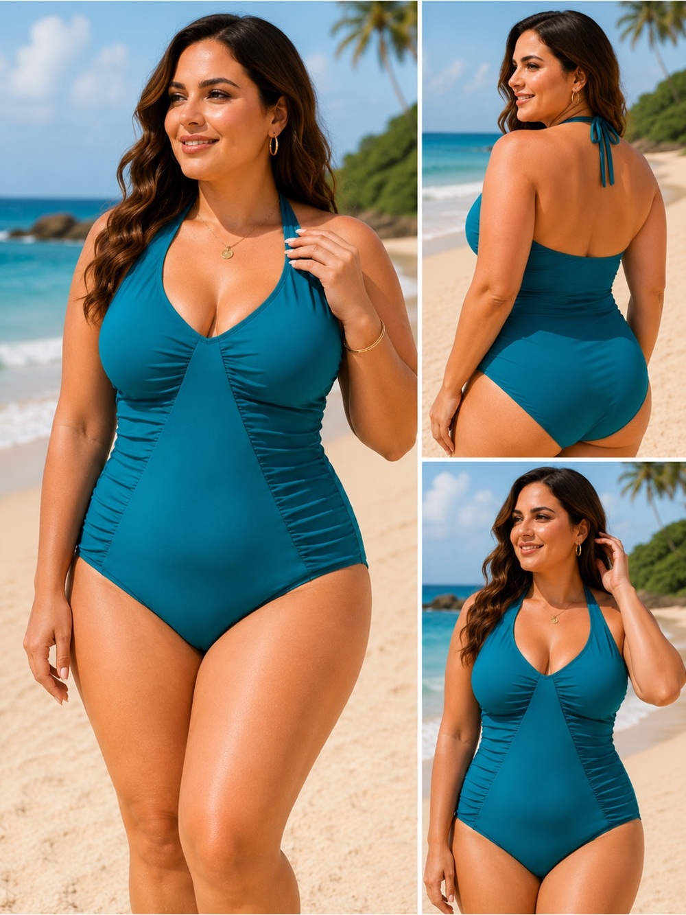 Cupshe Teal‎ Ruched Tummy Control Halter One Piece Swimsuit Plus Size 2X NWT